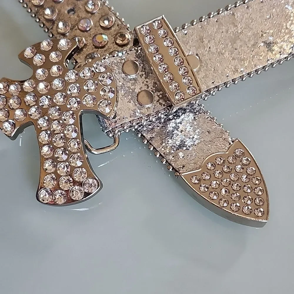 Rhinestone Blingy Glam Flashy Extra Cowgirl Belt With Cross Buckle‎ Plus Size